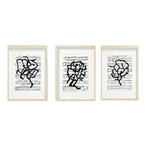 Framed Original Drawings 'Black and White Floral Abstractions on Vintage Music Score Sheets' #2 - Wall Gallery Installation - Set of 3