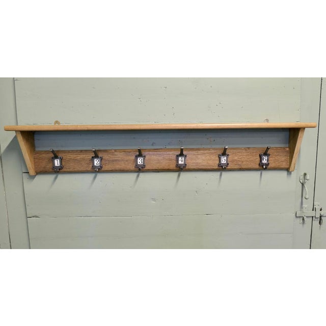 Long Pine Coat Rack and Shelf, with Numbered Hooks This long fairly rustic shelf, under the shelf there are 6 double steel...