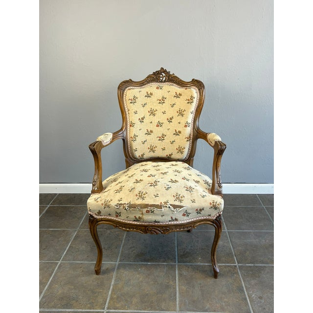 This antique walnut French frame is a great inspiration to a beautiful armchair. This Louis XV style antique armchair...