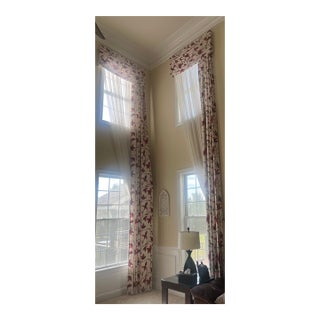 Custom Designer Drapery Panels 4 With Valances 4– Double-Story Living Room Set For Sale