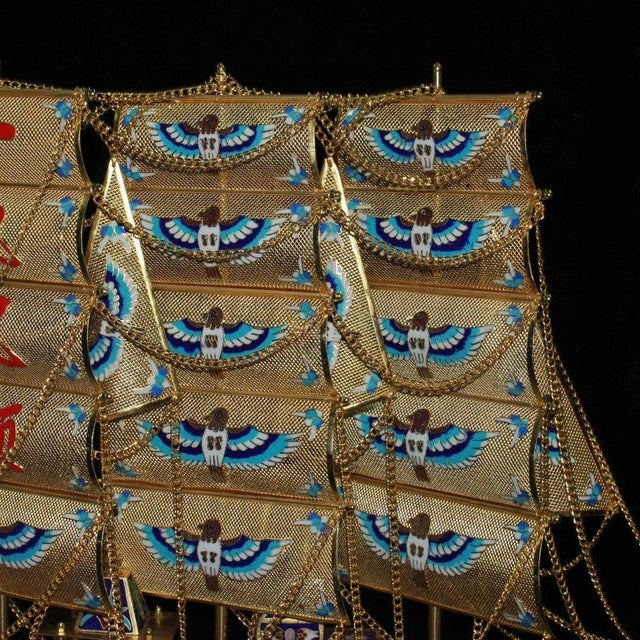 Mid 20th Century Vintage Cloisonne Enamel Ship Model – 28" Gilt Sailing Boat With Box For Sale - Image 5 of 9