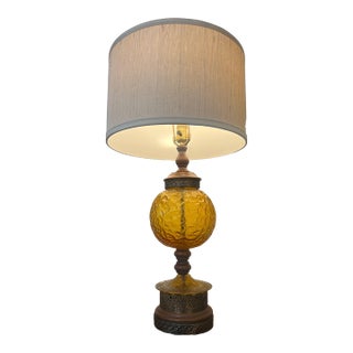 Pair Mid Century Modern Amber Articulated Brass and Wood Table Lamp For Sale