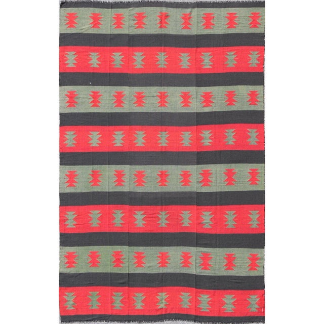Large Vintage Kilim Rug With Tribal Shapes and Stripes in Red, Brown and Green For Sale - Image 13 of 13
