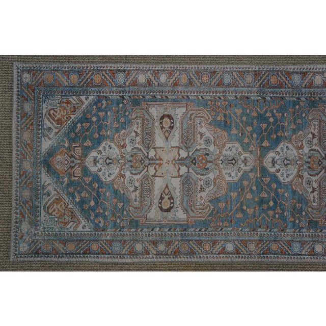 Textile Vintage Geometric Turquoise Rug Runner Mat 5 X 2 For Sale - Image 7 of 14