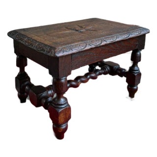 Antique English Kettle Stand Footstool Barley Twist Carved Oak Display Stool For Sale