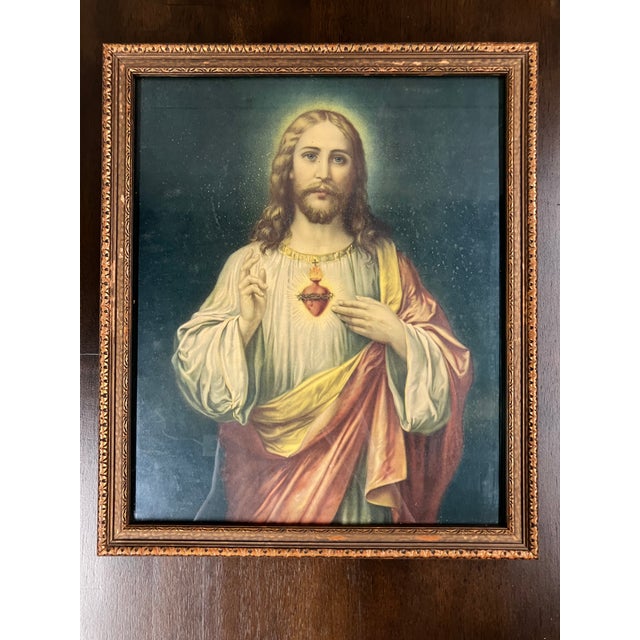 Pair of Rare Antique Religious Framed Prints of the Sacred Heart of Jesus and the Immaculate Heart of Mary For Sale - Image 4 of 18