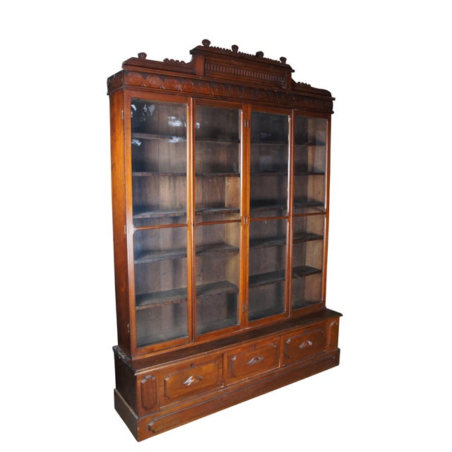 Victorian Monumental Antique Victorian Eastlake Walnut Bookcase Curio Display Cabinet Showcase For Sale - Image 3 of 14