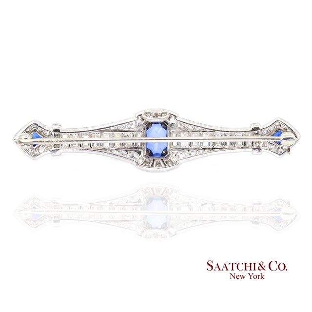 Mid 20th Century Platinum 950 Natural Sapphire and Diamond Brooch For Sale In New York - Image 6 of 9