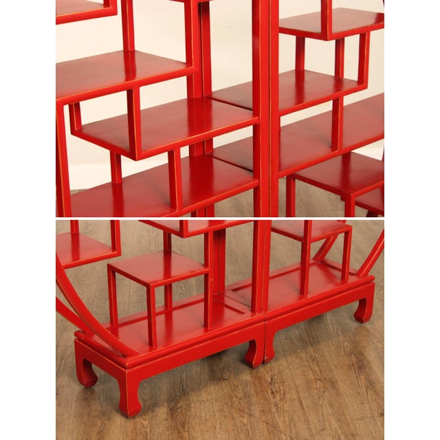 Late 20th Century Asian Style Red Painted Round Two Part Room Divider Etagere - A Pair For Sale - Image 5 of 12