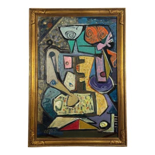 Lucia Lopez Cubist Oil Painting C. 1950 For Sale