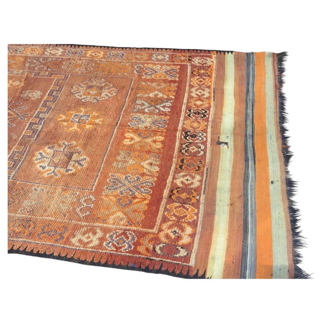 1960s Large handwoven vintage Moroccan Berber Tribal rug, nicely aged and faded with orange and blue cors.Midcentury...