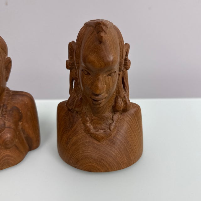 Vintage Maasai Hand-Carved Wood Bust Sculptures, Pair For Sale - Image 12 of 12
