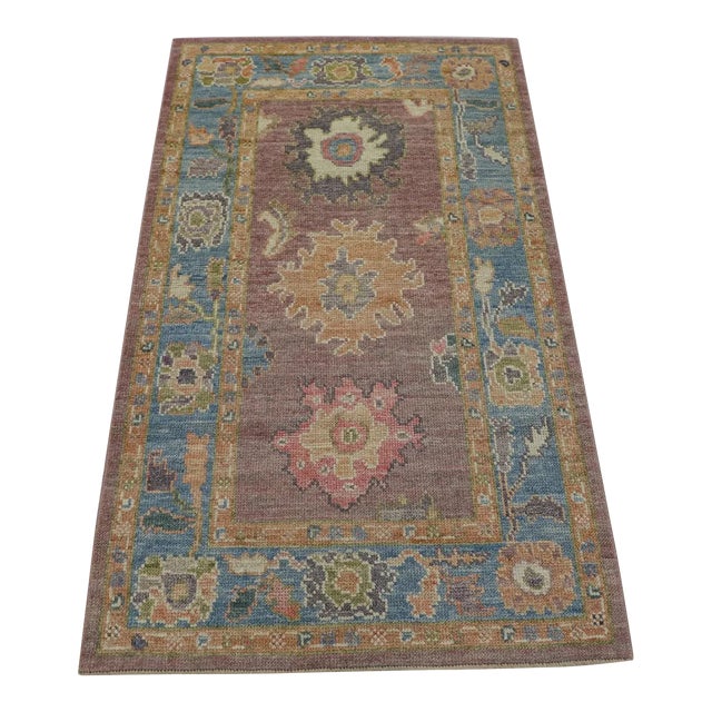 Blue & Mauve Handwoven Turkish Oushak Rug 3' X 5' For Sale