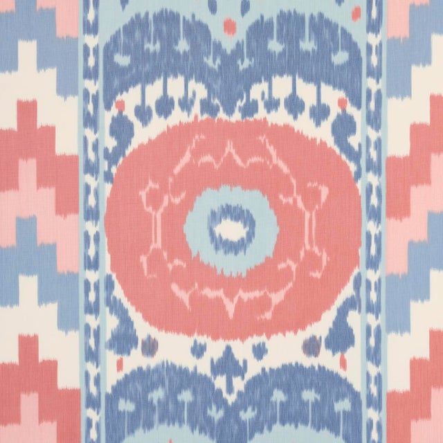 SAMPLE - Schumacher Samarkand Ikat II Fabric In Chambray & Coral For Sale