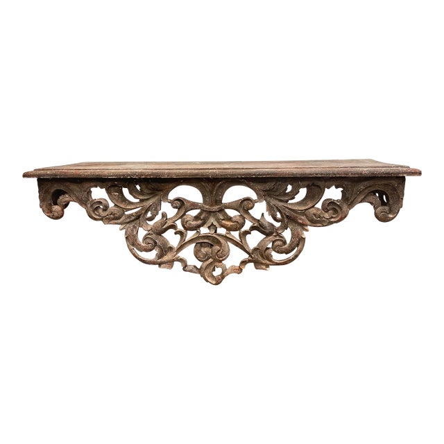 19th Century French Carved and Distressed Wood Wall Mounted Console Table For Sale