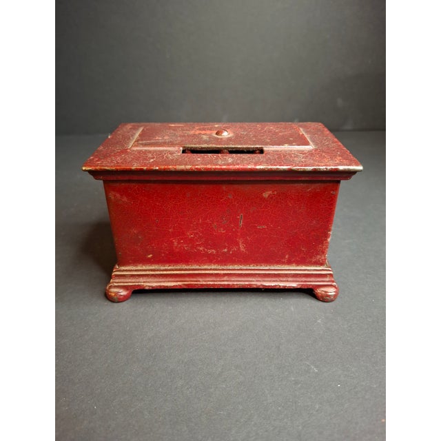 1920s Antique Kenton Toys Cast Iron Radio Bank 1920s Small 3-Dial Safe Red Paint For Sale - Image 5 of 15