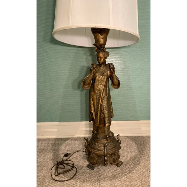 Vintage Figural Brass Lamp With Drum Shade For Sale - Image 10 of 12