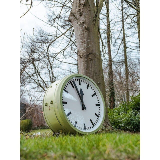Double-Faced Illuminated Railway Station Clock with Green Quartz Conversion from RFT, Germany, 1950s For Sale - Image 6 of 14