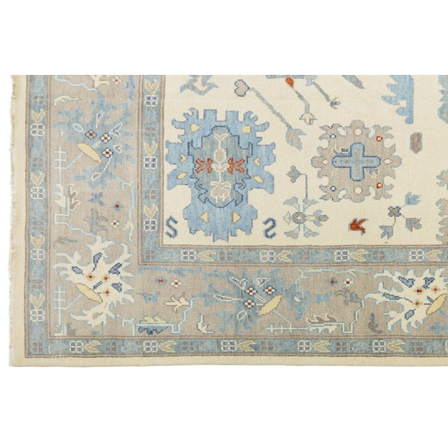 Beige 12x15 Modern Oushak Style Hand-Knot Wool Area Rug in Soft Slate Blue and Beige For Sale - Image 8 of 12