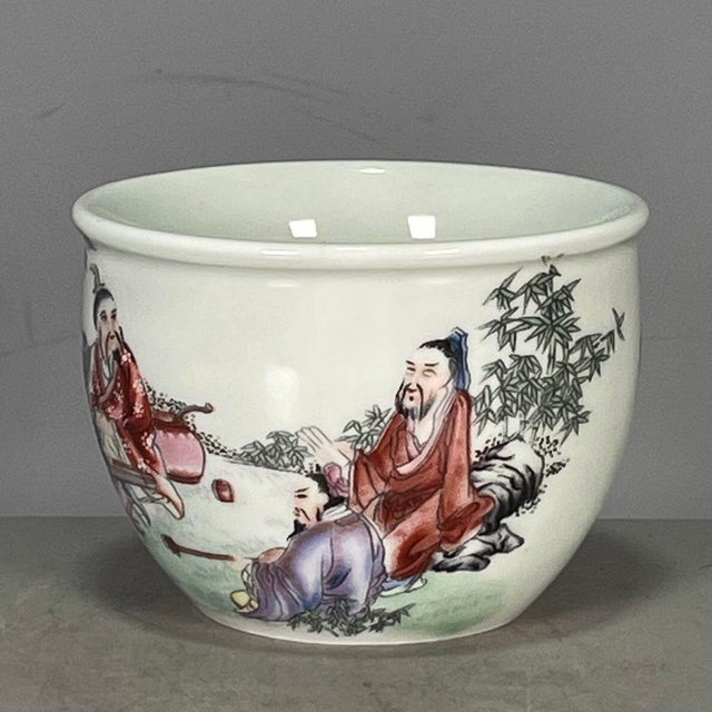 Asian Vintage Famille Rose Porcelain Teacup – Seven Sages of the Bamboo Grove Motif, Qianlong Mark For Sale - Image 3 of 9