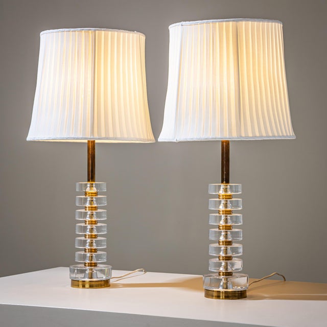 Brass Mid-20th Century Glass and Brass Table Lamps by Carl Fagerlund for Orrefors - Pair For Sale - Image 8 of 13