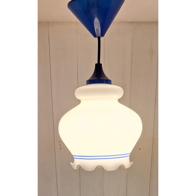 Glass Vintage Pendant Lamp with White and Blue Glass Shade, 1990s For Sale - Image 7 of 7