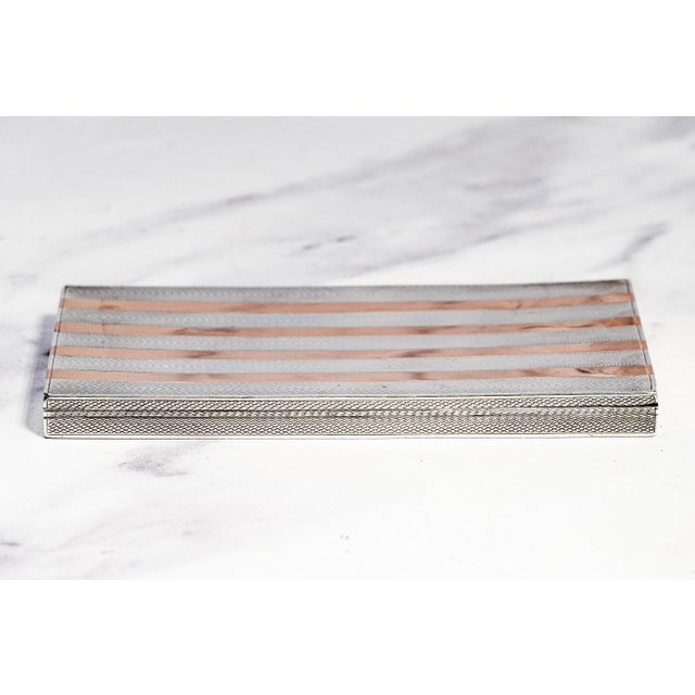Exceptional Art Deco Engine Turned Antique 14k Gold Stripe Sterling Silver Cigarette Card Case For Sale - Image 11 of 14