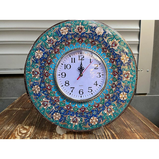 Blue Handmade Copper Clock with Carved Flowers For Sale - Image 8 of 8