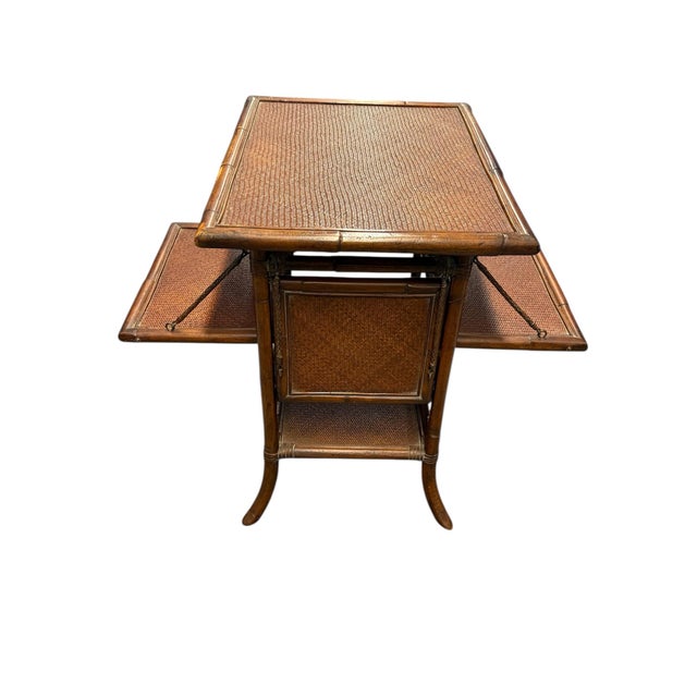 Wood Vintage Rattan Bamboo Table Leather Wrapped With 4 Sides For Sale - Image 7 of 9