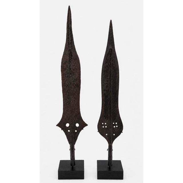 Black Early 20th Century Pair of African Hand-Forged Iron Spearheads on Custom Stands For Sale - Image 8 of 12