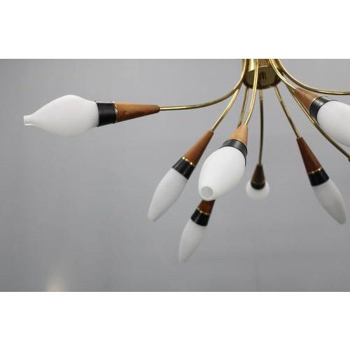Brass, Teak and Opaline Glass Chandelier by Rupert Nikoll, Austria, 1960s For Sale - Image 13 of 18