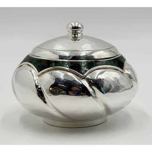 1960s 1960s Los Castillo Taxco Silver Plate & Malachite Lidded Bowl, Mexican Modernism For Sale - Image 5 of 18