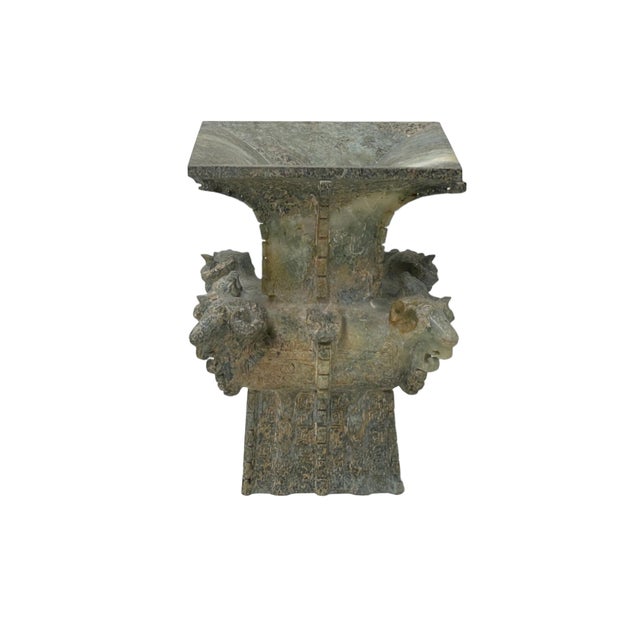 Green Gray Stone Carved Ritual Fengshui Ding Display Art For Sale - Image 9 of 12