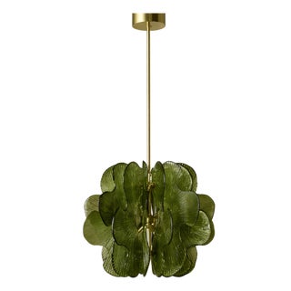 Mid-Century Modern Brass Pendant Lamp with Green Murano Glass Slabs, Italy For Sale