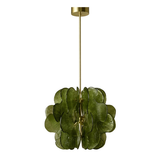 Mid-Century Modern Brass Pendant Lamp with Green Murano Glass Slabs, Italy For Sale