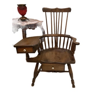 Antique Large Wallace Nutting Windsor Style Writing Arm Chair With Drawers 42”t Brown Wood. For Sale