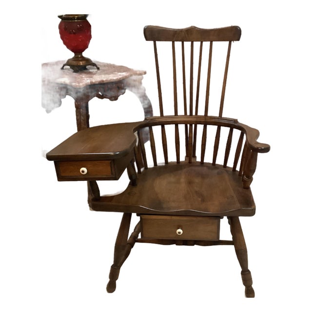 Antique Large Wallace Nutting Windsor Style Writing Arm Chair With Drawers 42”t Brown Wood. For Sale