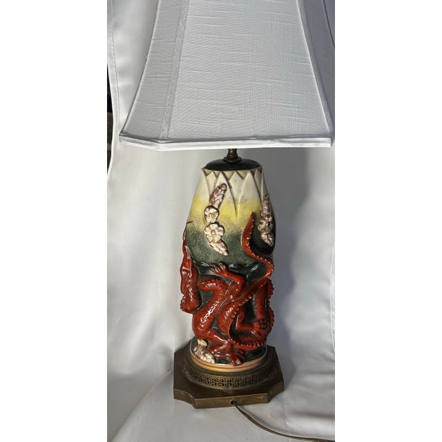 Metal Sculptural Ceramic Dragon Table Lamp With Applied Flowers and Pierced Metal Base For Sale - Image 7 of 9