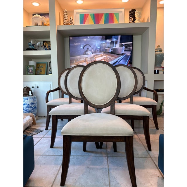 Late 20th Century Late 20th Century French Oval Medallion Back Dining Chairs Dark Walnut Distressed Finish Neutral Upholstery - Set of Six 6 For Sale - Image 5 of 9