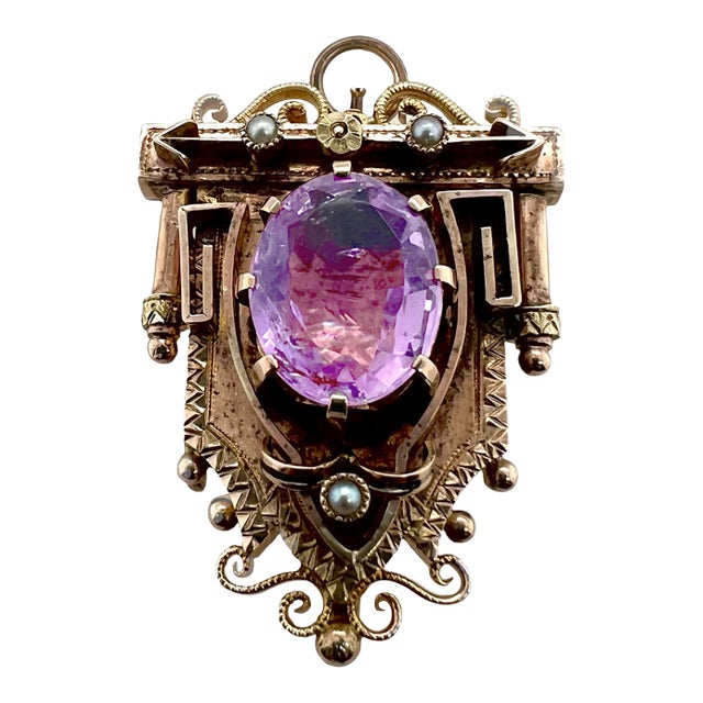 Late 19th Century Victorian 14k Gold Amethyst & Seed Pearl Pendant / Watch Pin Brooch For Sale