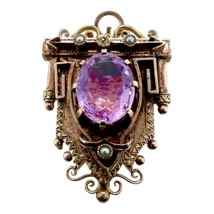 Late 19th Century Victorian 14k Gold Amethyst & Seed Pearl Pendant / Watch Pin Brooch
