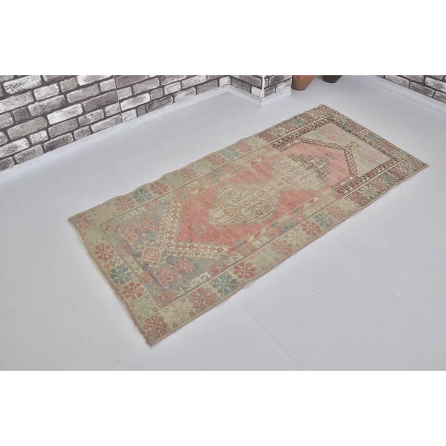 Geometric Medallion Turkish Rug, Low Pile Distressed Antique Rug For Sale - Image 4 of 10