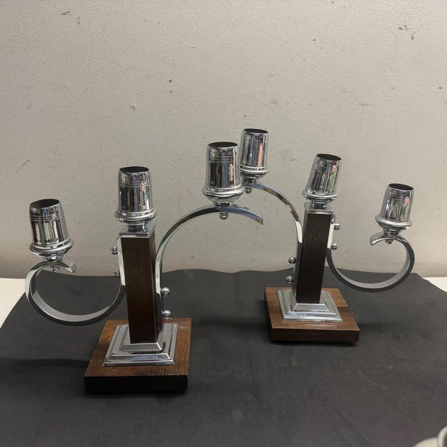 1940s A Pair of 1940s Art Deco Fruit Wood and Chromed Metal French Candelabras For Sale - Image 5 of 10