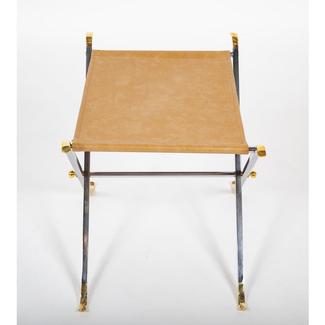 Maison Jansen Pair Maison Jansen Style Polished Steel and Brass X-Stools With Leather Seats For Sale - Image 4 of 7