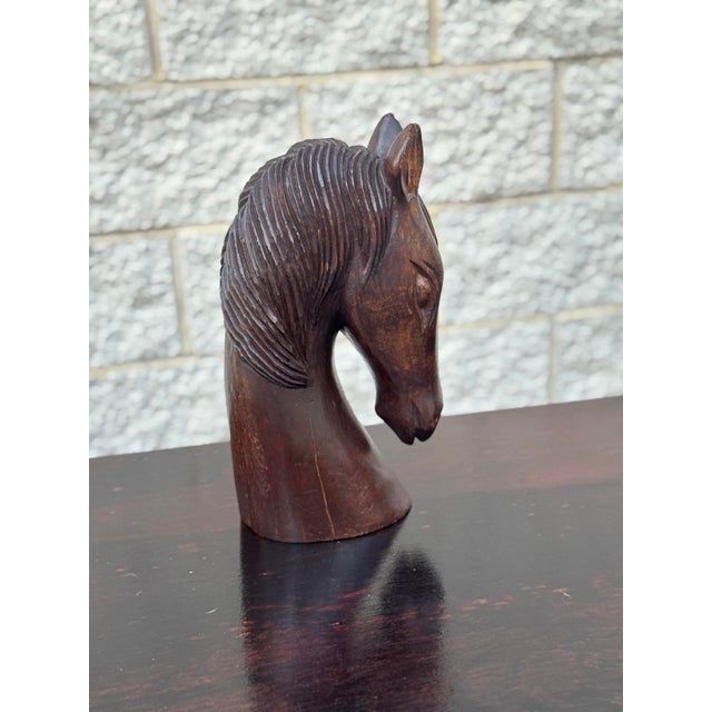 Vintage Equestrian Horse Head Sculptures in Dark Carved Wood - A Pair For Sale - Image 10 of 12