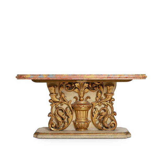 Gilded and lacquered wooden coffee table with a scagliola top, crafted using gilded friezes from the 1700s, two vases with...