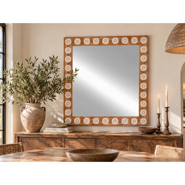 Showing clean contemporary lines contrasting with reclaimed teak and handmade inlay work. This beautiful boho modern...