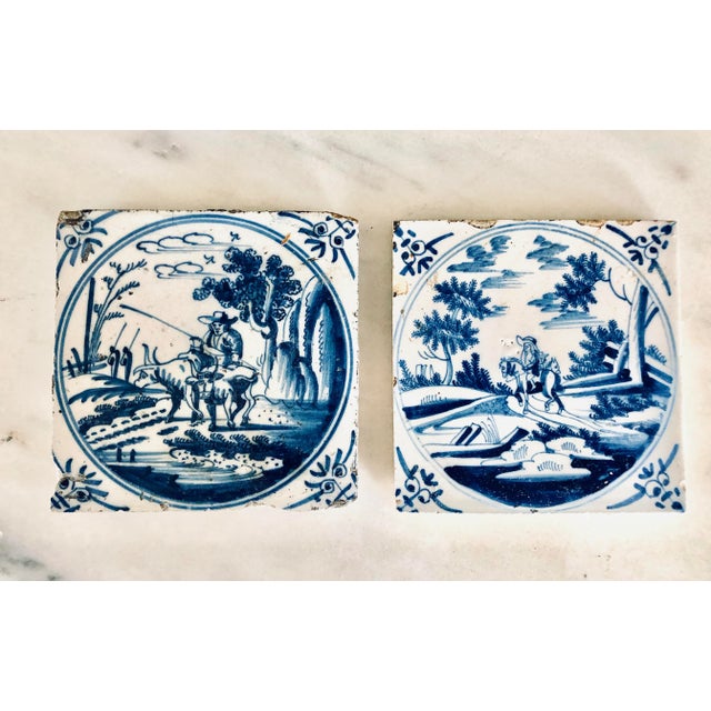 Shabby Chic 18th Century Delft Blue and White Ceramic Tiles with Country Scenes - a Pair For Sale - Image 3 of 3