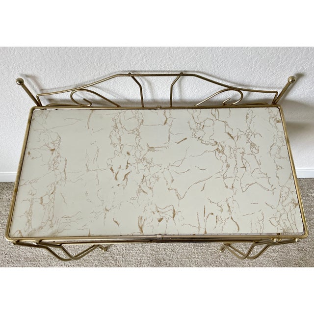 Hollywood Regency Mid Century Pearl-Wick Brass Bathroom Toiletry Stand With Marbleized Shelving For Sale - Image 4 of 13