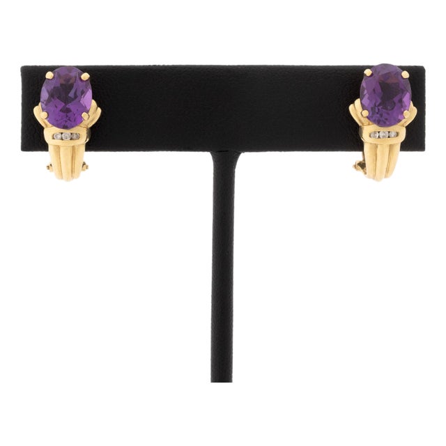14k Yellow Gold Amethyst and Diamond Hoop Earrings For Sale